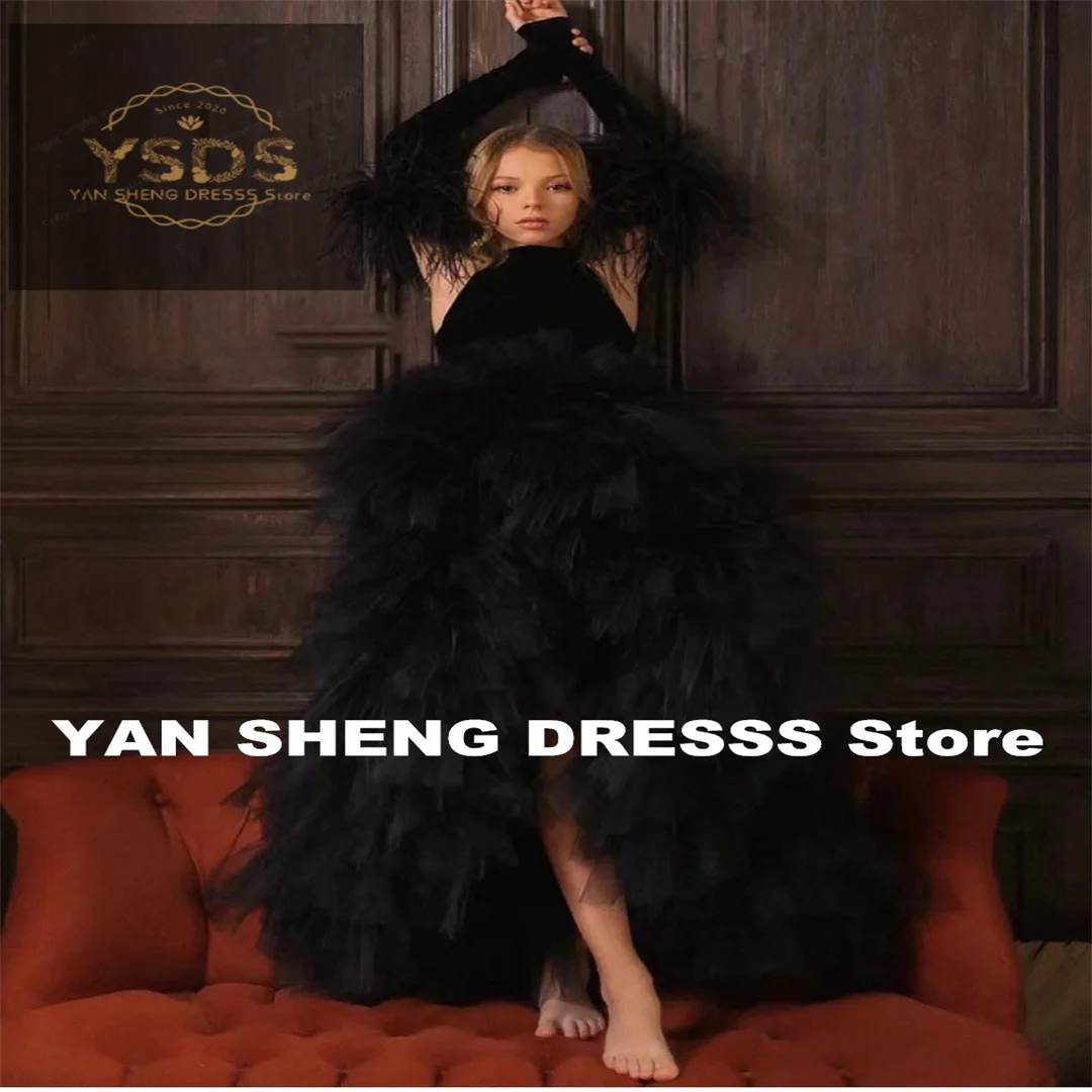 فستان زفاف مخصص أسود مخملي بدون أكمام من التول لفتاة الزهور لأداء البيانو الأنيق وحفلات أعياد الميلاد الأولى