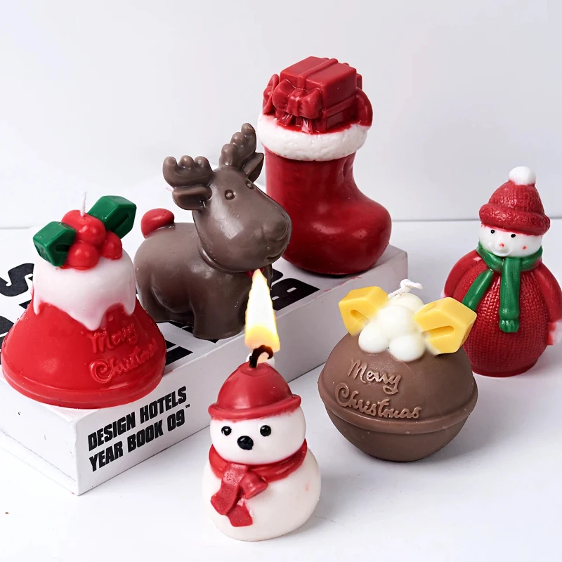 

Рождественская серия, силиконовая форма для свечей, 3D DIY, снеговик, лось, колокольчик, носки, ароматическая смола, декор для вечеринки, подарки для рукоделия