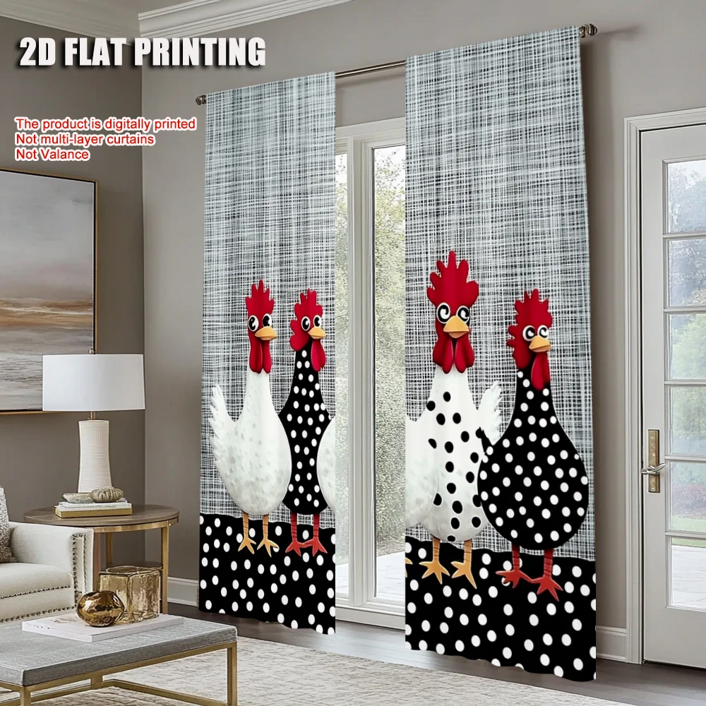 2Pcs Country Style Chicken Pattern Window Curtains Retro Abstract Window Drapes Rod Pocket Design For Kitchen Living Room Office