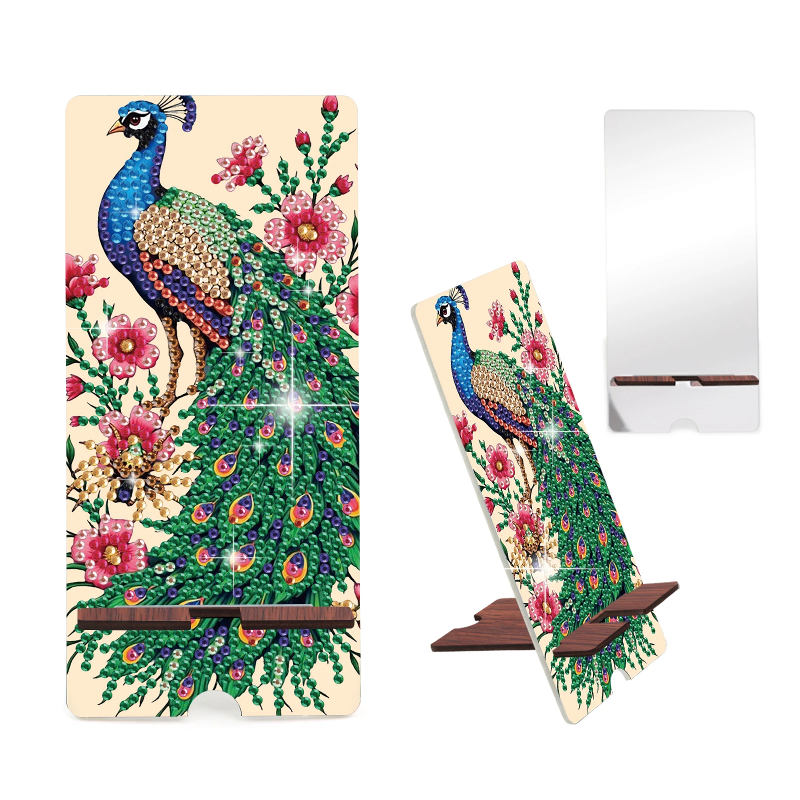 Diamond Painting Phone Stand Kits, Green Peafowl Diamond Art Phone Holder and Mirror Base for Creative Handmade Decoration Gift
