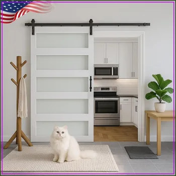 46x84in Glass Sliding MDF Barn Door with 8FT Hardware Kit, 5 Frosted Panels, Waterproof PVC, Easy DIY