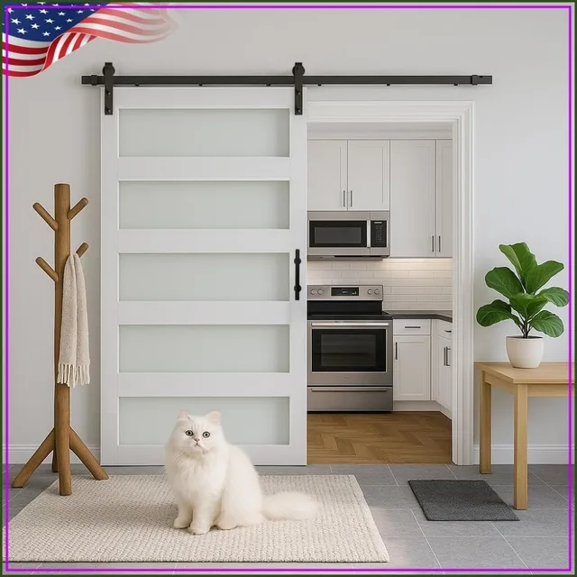 46x84in Glass Sliding MDF Barn Door with 8FT Hardware Kit, 5 Frosted Panels, Waterproof PVC, Easy DIY 46x84in Glass Sliding MDF Barn Door with 8FT Hardware Kit, 5 Frosted Panels, Waterproof PVC, Easy DIY