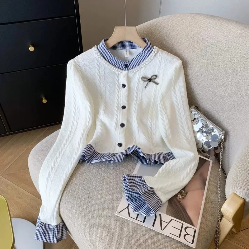 

Корейский качественный свитер с бантом, женский осенний дизайн, кардиган с бисером, женский повседневный элегантный трикотаж с длинными рукавами, топы