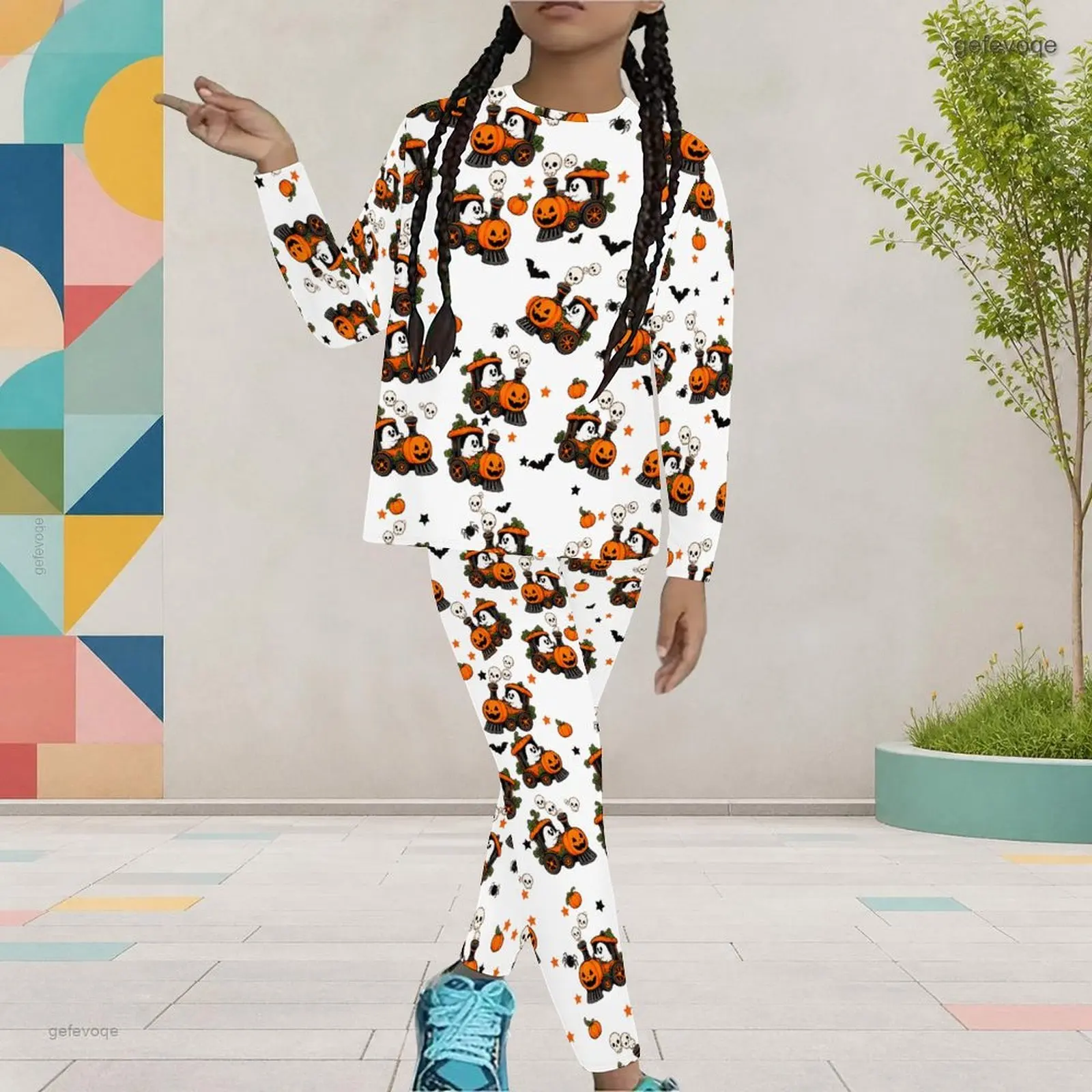 Autumn Graphic Print Girls Two Piece Set Turtleneck Pumpkin Train Skull Bat Children Clothing Halloween Party Wear