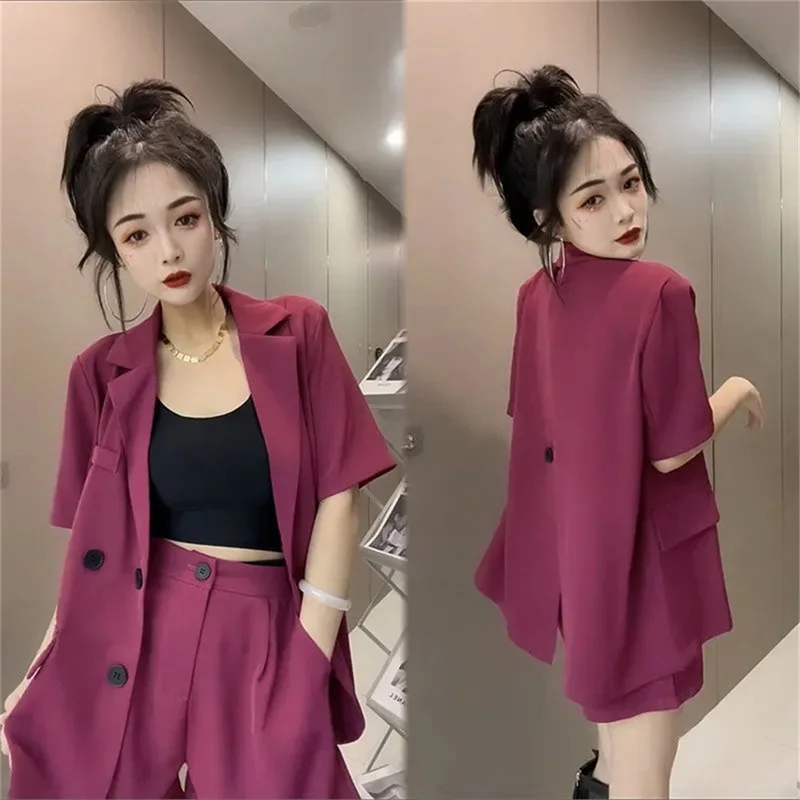 Traje sencillo de moda para mujer, pantalones cortos sueltos y finos, Blazer de dos piezas, color morado y negro, novedad de verano 2022