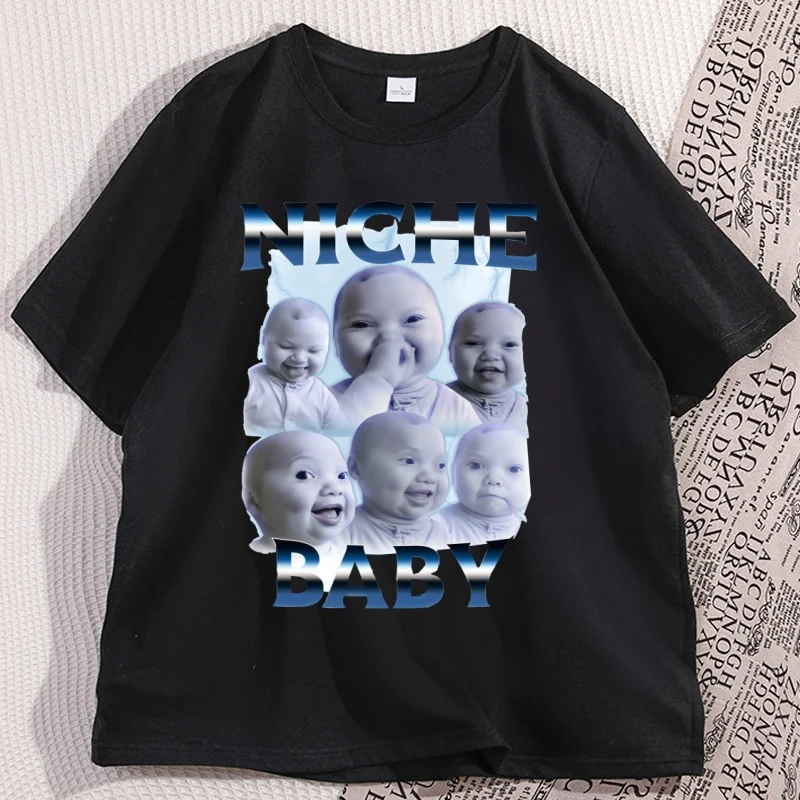 

Niche Baby AI Holding Back Laugh Genz Meme T-shirt for Men Women Cotton Short Sleeve Tees Casual Comfortable Loose Round Neck