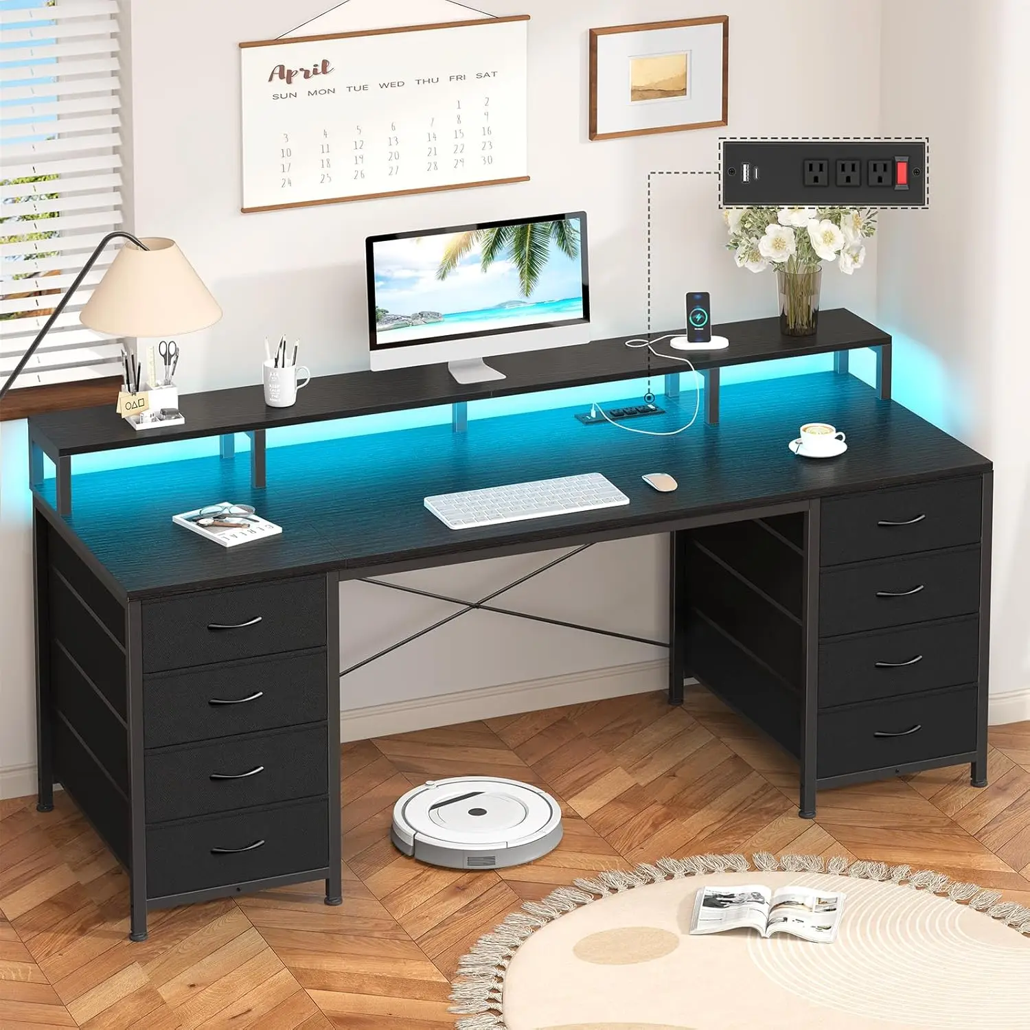 

Игровой стол 60 дюймов с 8 ящиками, LED-подсветкой, розетками, подставкой для монитора, для домашнего офиса, черный, на заказ