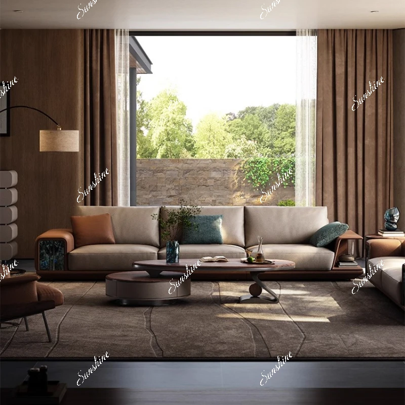 

Villa large flat floor living room furniture light luxury straight row sofa combination