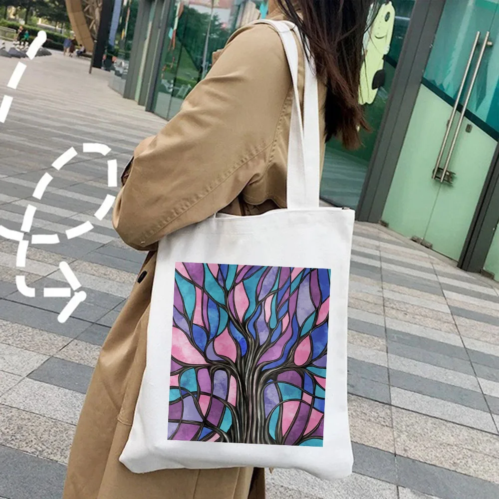 Mystic Tree Life Mosaic Blue Purple Watercolor Leaves Watercolor Girl Canvas Cotton Handbag Totes Shoulder Student Shopping Bags