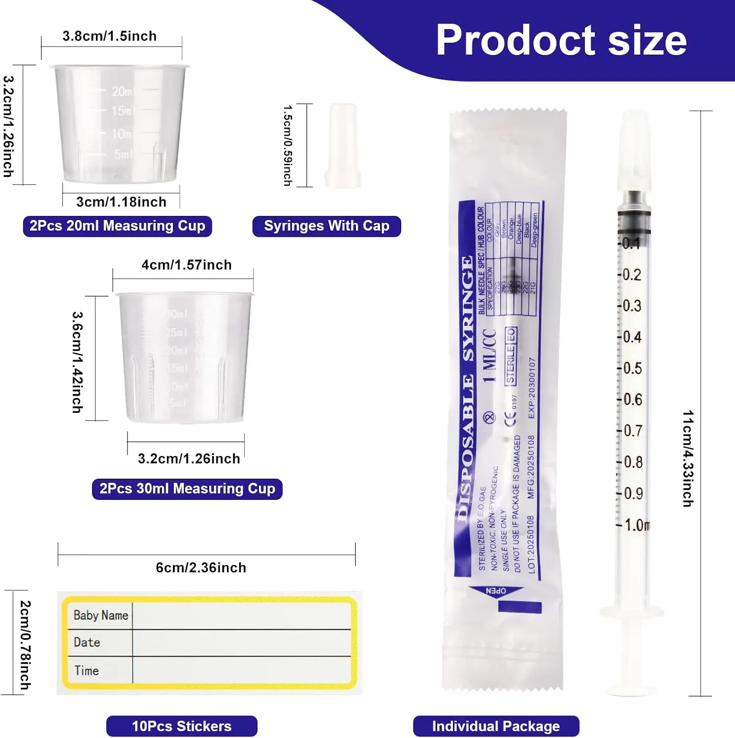 10Pcs 1ml Syringes With Caps No Needle Colostrum Syringe, 20ml 30ml Measuring Cups and 10 Stickers, for Refilling and Measuring