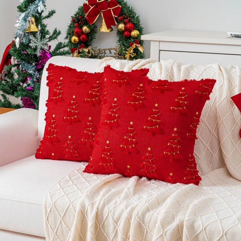 18 Inch Cushion Cover Christmas Tree Pillow Covers Plush Xmas Tree with Golden Stars and Pine Branches Pillowcase Cushion Cover