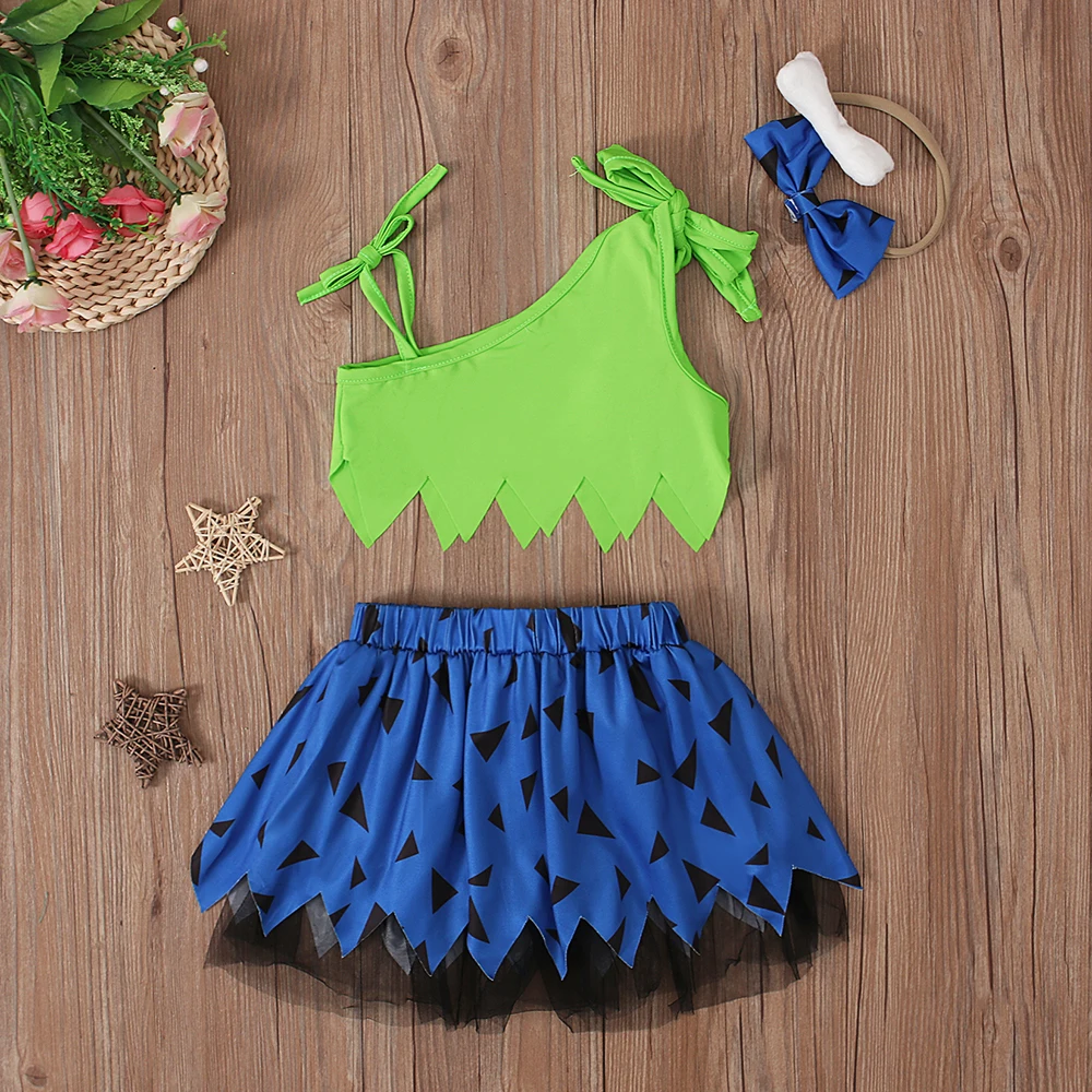 Girls European and American summer Halloween sleeveless solid color off-shoulder top + mesh skirt + hairband three-piece childre