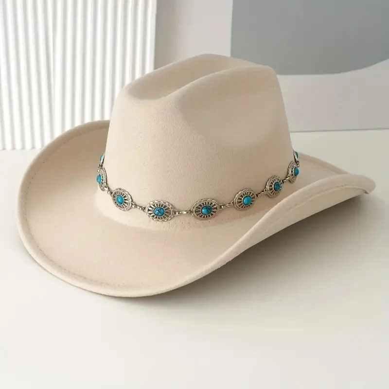 European and American Style Cowboy Hat Women's Chain Decoration Top Hat Performance Retro Rhinestone Curved Brimmed Hat Sun Hat