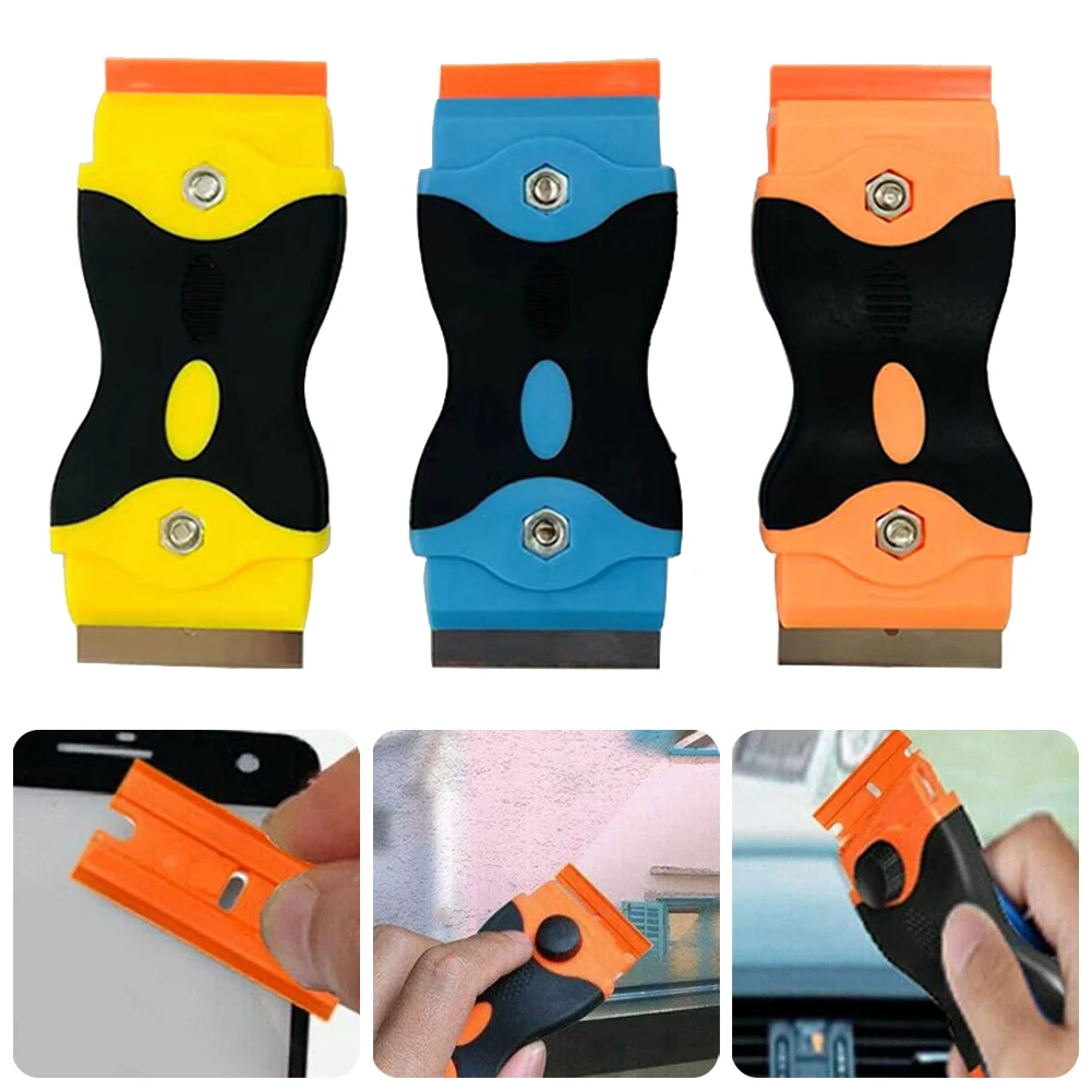 Double Head Scraper with Metal & Plastic Blades for Removing Paint Glue Stickers from Glass Walls Appliances - Orange