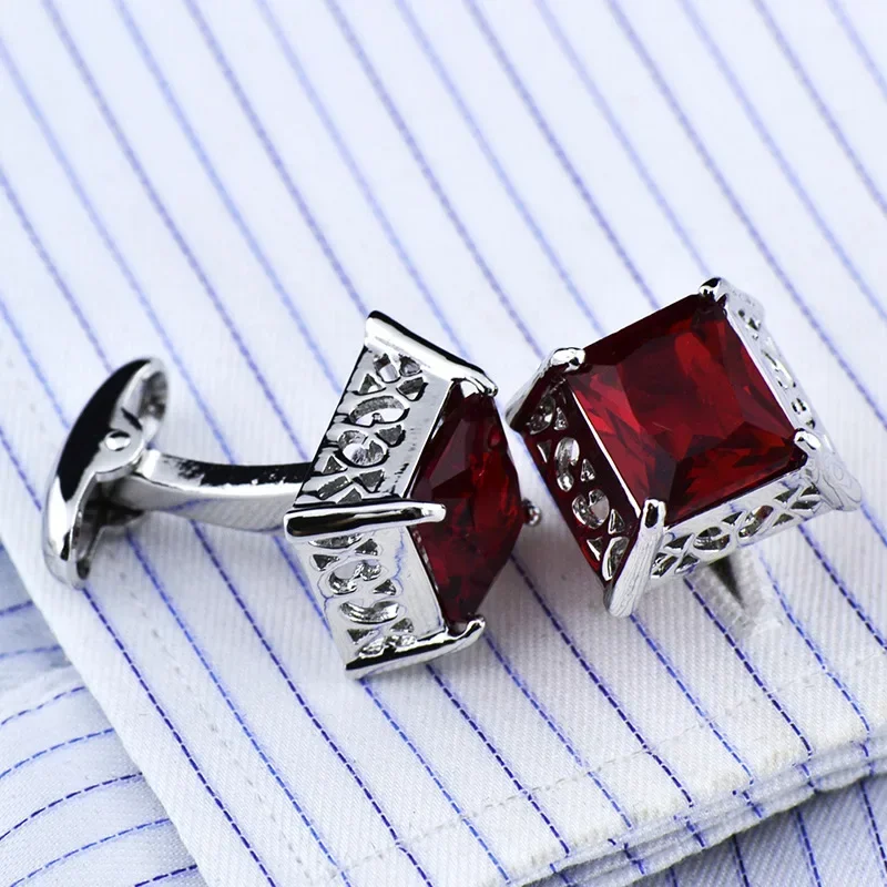 French Shirt Cufflinks Men\'s Suit Wedding Banquet Gift Business Classic Trendy Simple High-grade Red Crystal Hollow Cuff Links