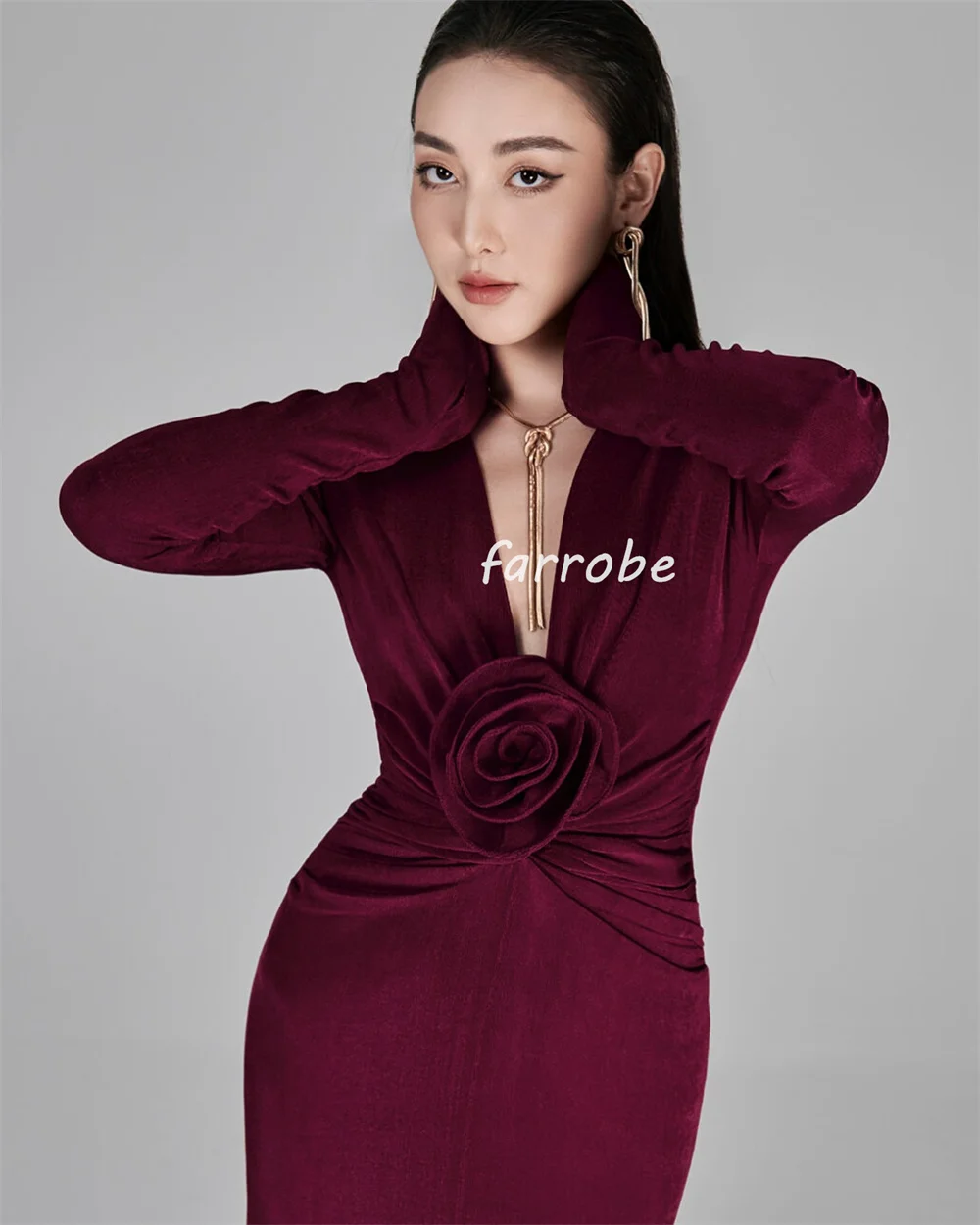 Customized Formal Velour Handmade Flower Pleat Straight V-neck Long Dresses Bespoke Occasion Dresses Exquisite Elegant