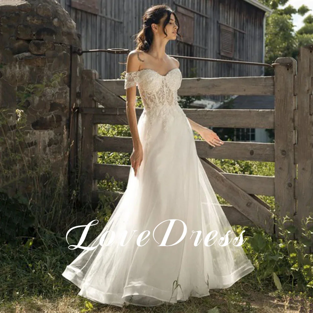 Love Boho Sweetheart Wedding Dress Lace Up Appliques Off The Shoulder Beach Sheath Bride Gown Backless Floor-Length Customized