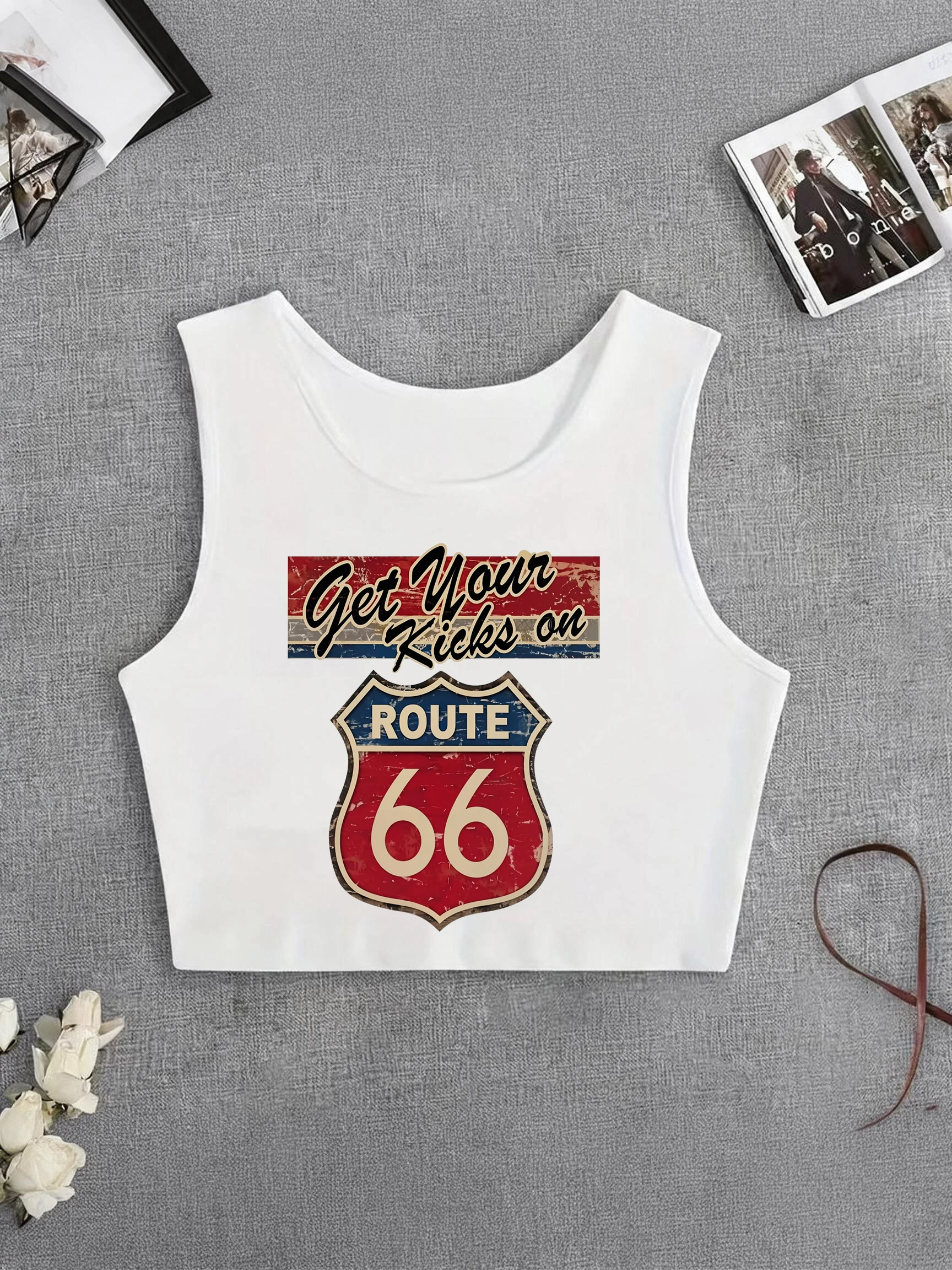 Retro Route 66 Red Shield Graphic Sleeveless Crop Tops Country Western Baseball Crop Tank Tops Vintage Clothes Female Outdoor