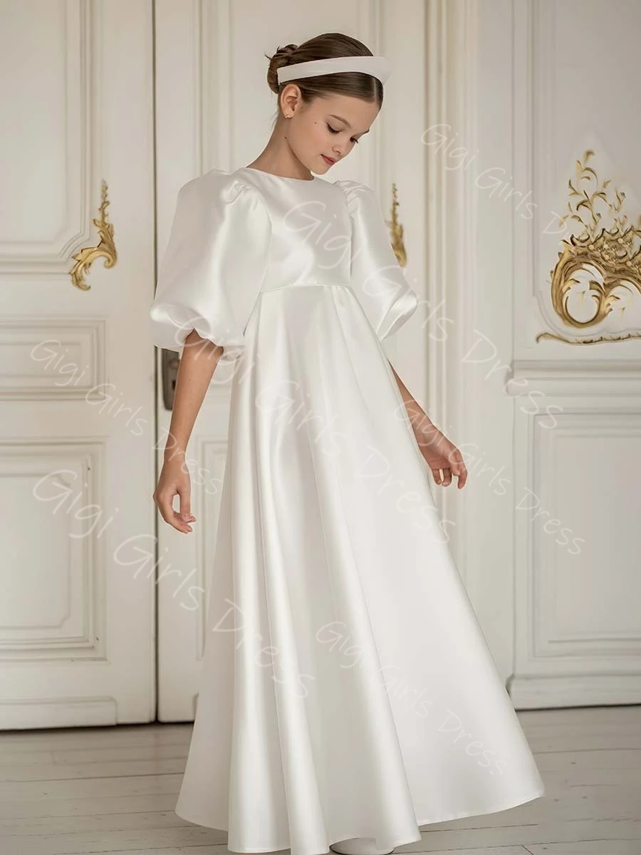 Vestido de satén personalizado con flores para niña, vestido de primera comunión con mangas de globo y cintura alta, vestido de fiesta de boda personalizado para niño