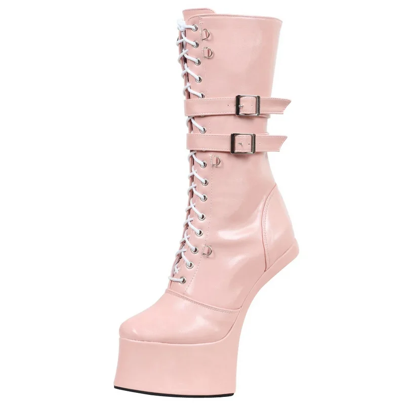 18cm/7 inch Hoof Heel Women Ballet Boots,Fetish Platform Booties,Men Cosplay Shoes,Wrist  BUckles Strap Botas,Custom Colors,Pink