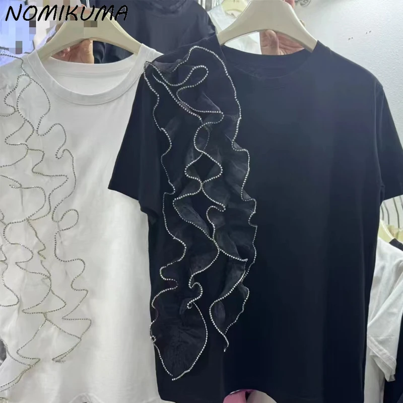 Nomikuma Ruffle Edge Mesh Splicing 2024 Spring/summer New Short Sleeved T-shirt for Women Korean Niche Causal Round Neck Top