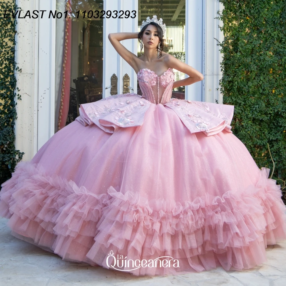 EVLAST Customized Mexican Pink Quinceanera Dress Ball Gown Ruffles Applique Beading Tiered Party Sweet 16 Dress 15 Años AQ489