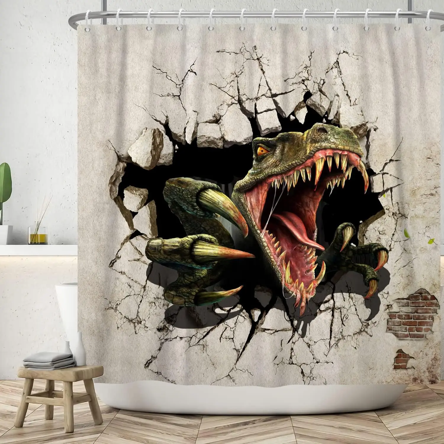 Giant Monster Dinosaur Mouth Shower Curtain Liner Scary Cave Art Bathroom Decor Horror Jurassic Creature Accent