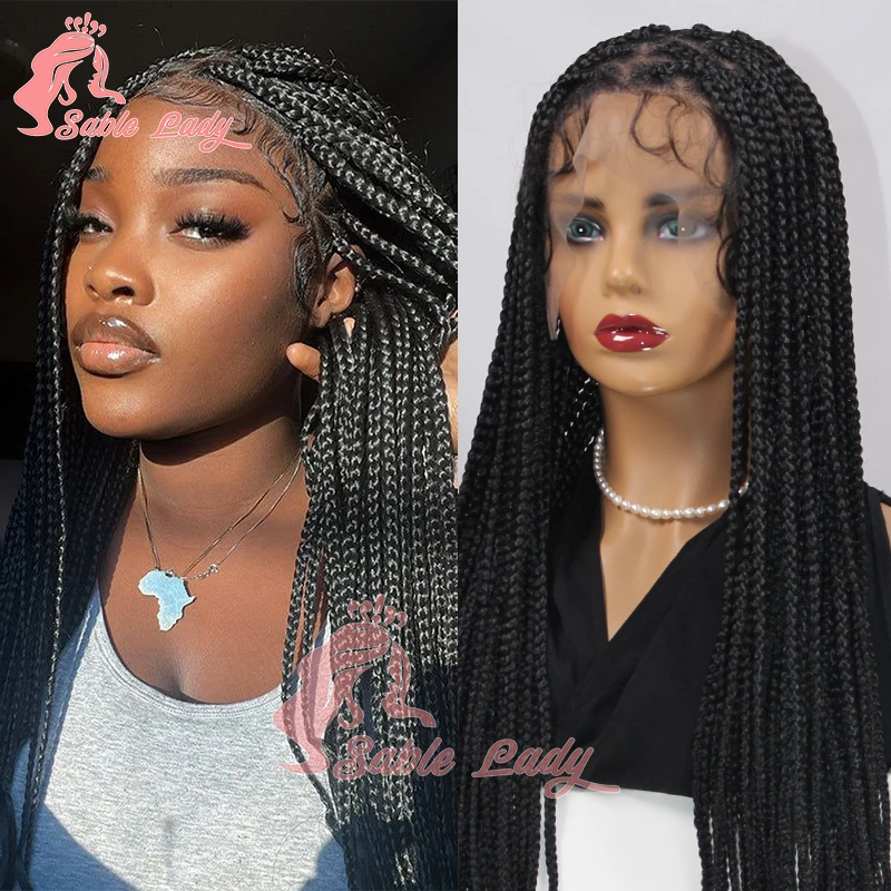 Synthetic Full Lace Box Braid Wig 36 Inch Long Lace Cornrow Plait Crochet Braided Wig Knotless Natural Random Braids Goddess Wig