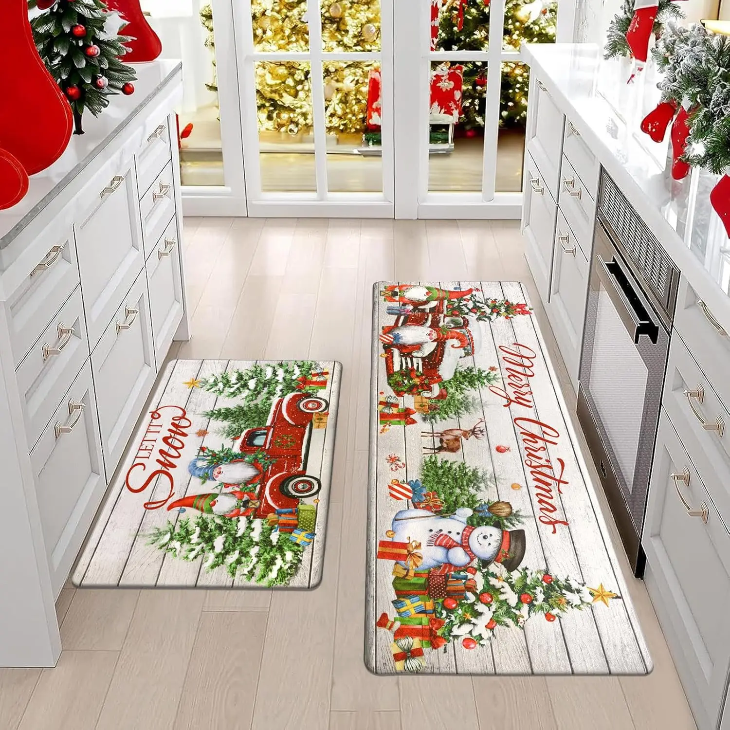 VIKAMA 2pcs Christmas Tree Kitchen Floor Mat Anti-Drip Anti-Fatigue Buffer Wear-Resistant Kitchen Carpet Winter Holiday Decor