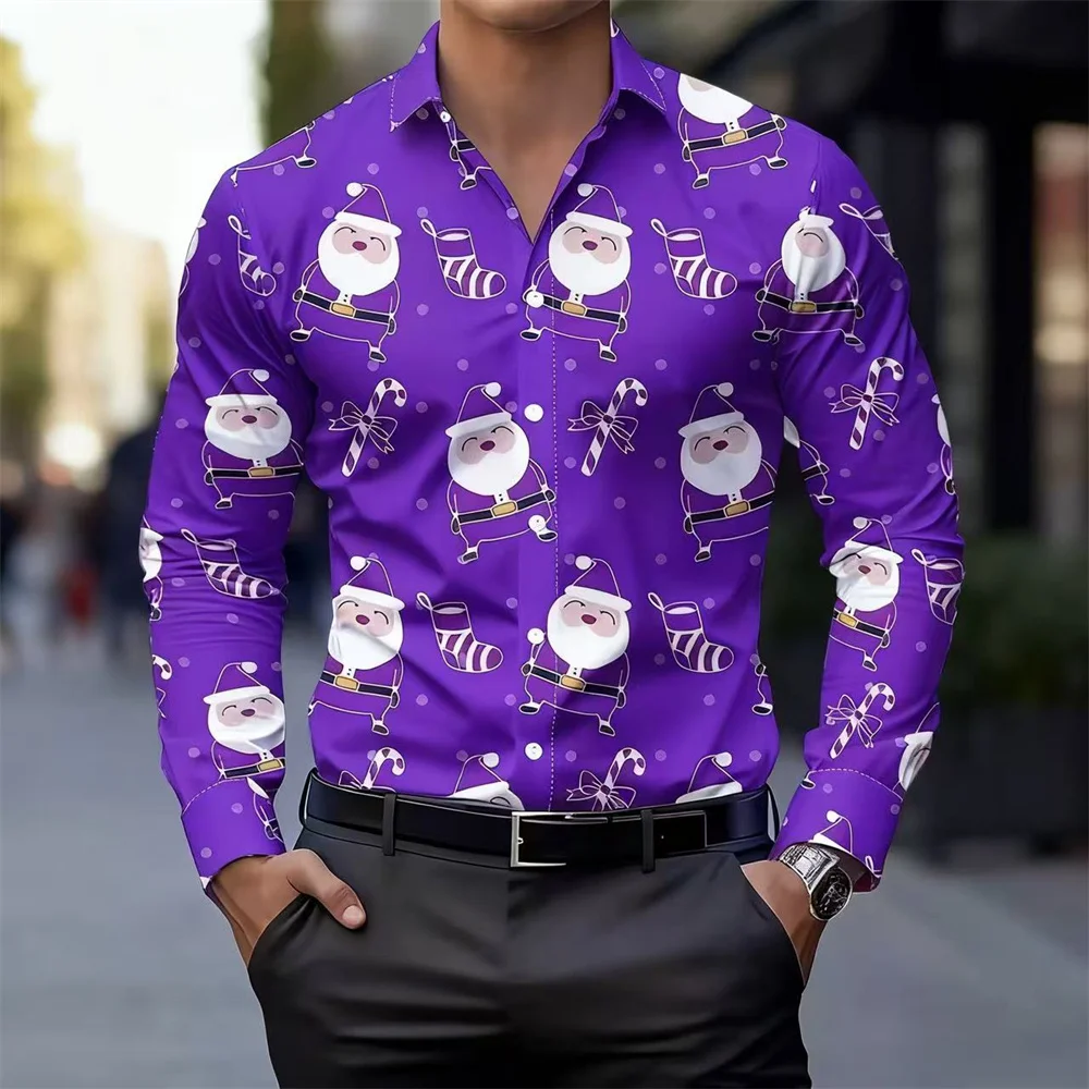 13-color men's Christmas print shirt with Santa Claus and candy cane design, breathable and casual long-sleeved lapel shirt