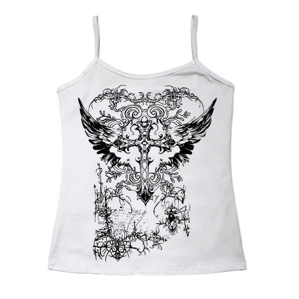 Dunkles Grunge-Damen-Langarm-T-Shirt mit Gothic-Flügel-Kreuz-Vintage-Muster, Y2K Slim Fit, weißes, kurz geschnittenes Oberteil – Detail 3