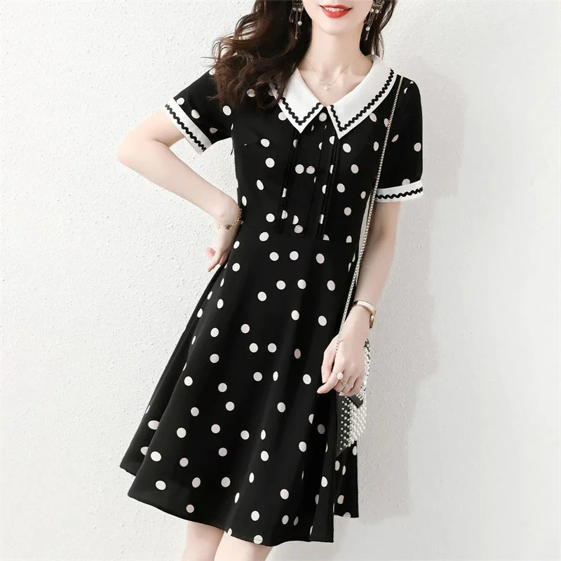 

2022 Summer New Doll Collar Wave Point A-line Dress For Women Clothing Sweet Short Sleeve Dress P106