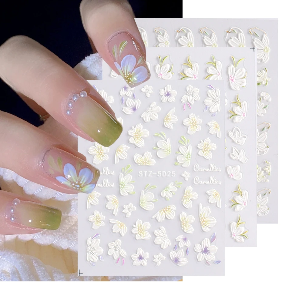 6pcs/Set 5D Acrylic Sasanqua Flower Stickers White Gradient Camellia Petals Nail Art Decal Charms Engraved Manicure Decoration