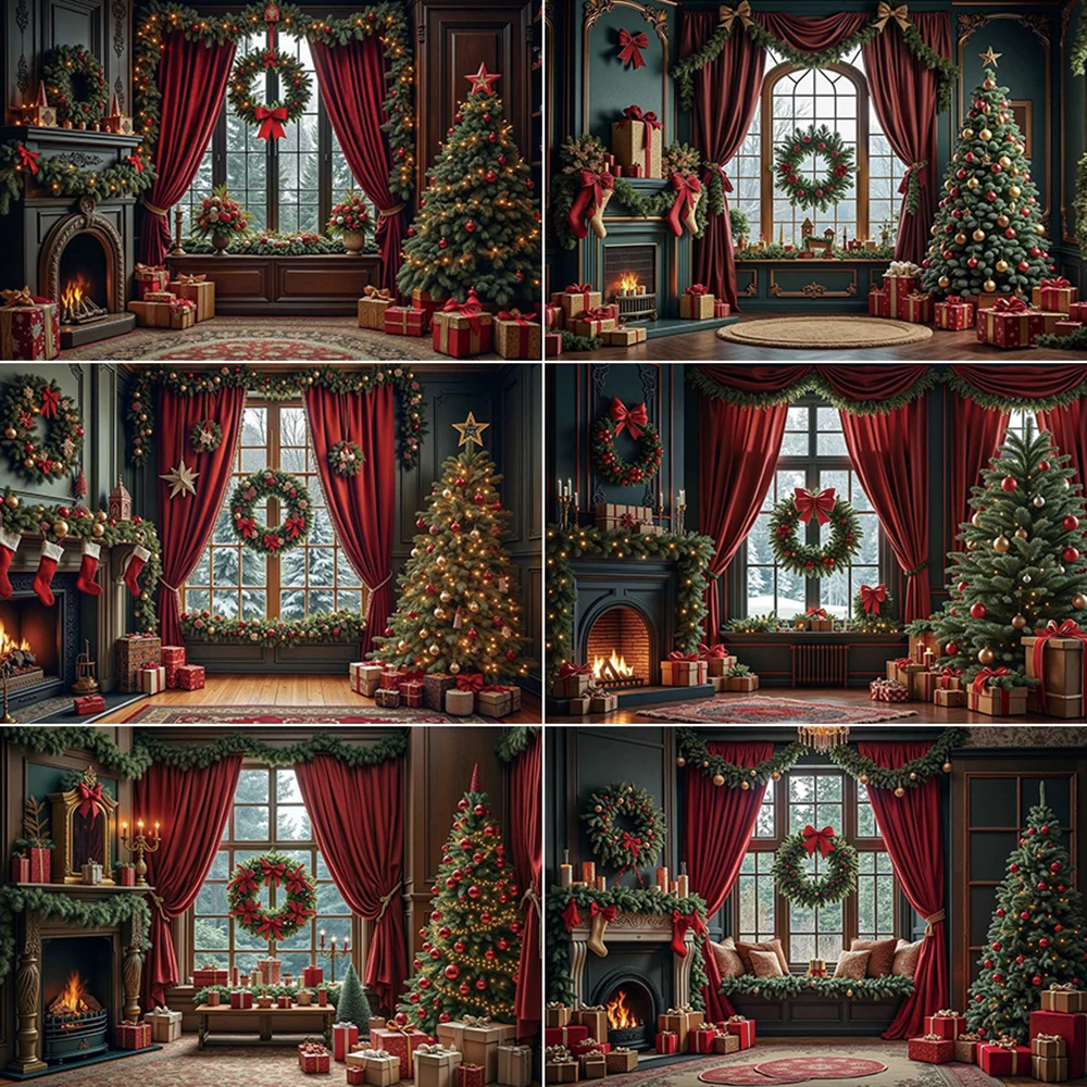 

MOON.QG Pink Christmas Backgrounds Photography Curtains Window Wreath Teddy Bear Backdrop Children Studio Photozone Accessories
