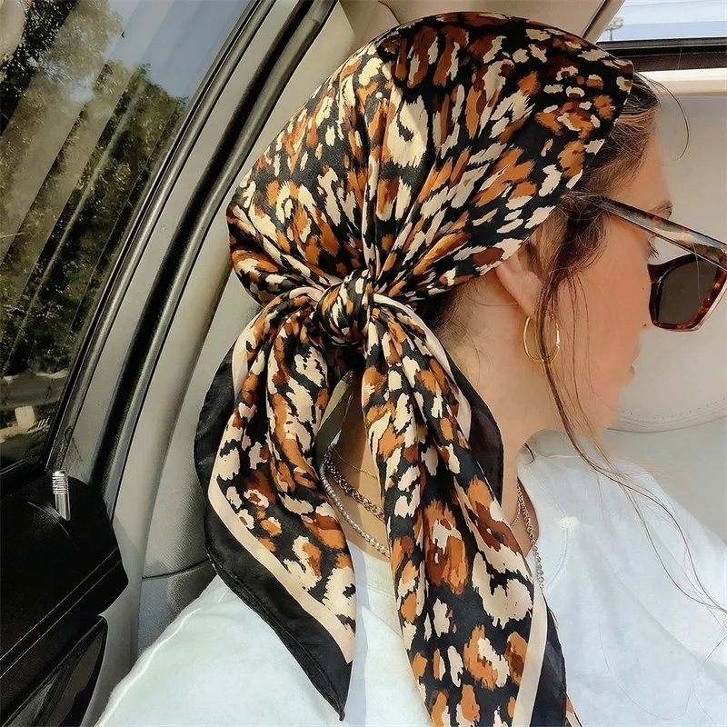 New 90cm Fashion Leopard Print Silk Hairbands Scarf Women Elagant Bandana Neck Kerchief Head Bands Foulard Female Scarfs image 4