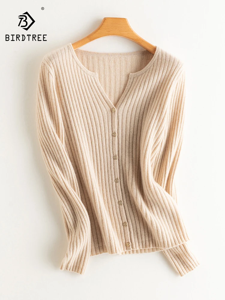 

BirdTree, 100%Pure Cashmere Soft Cardigans, Women O-Neck Solid, Fashion Casual Slim Knit Sweater, 2024 Autumn Winter T48096QC