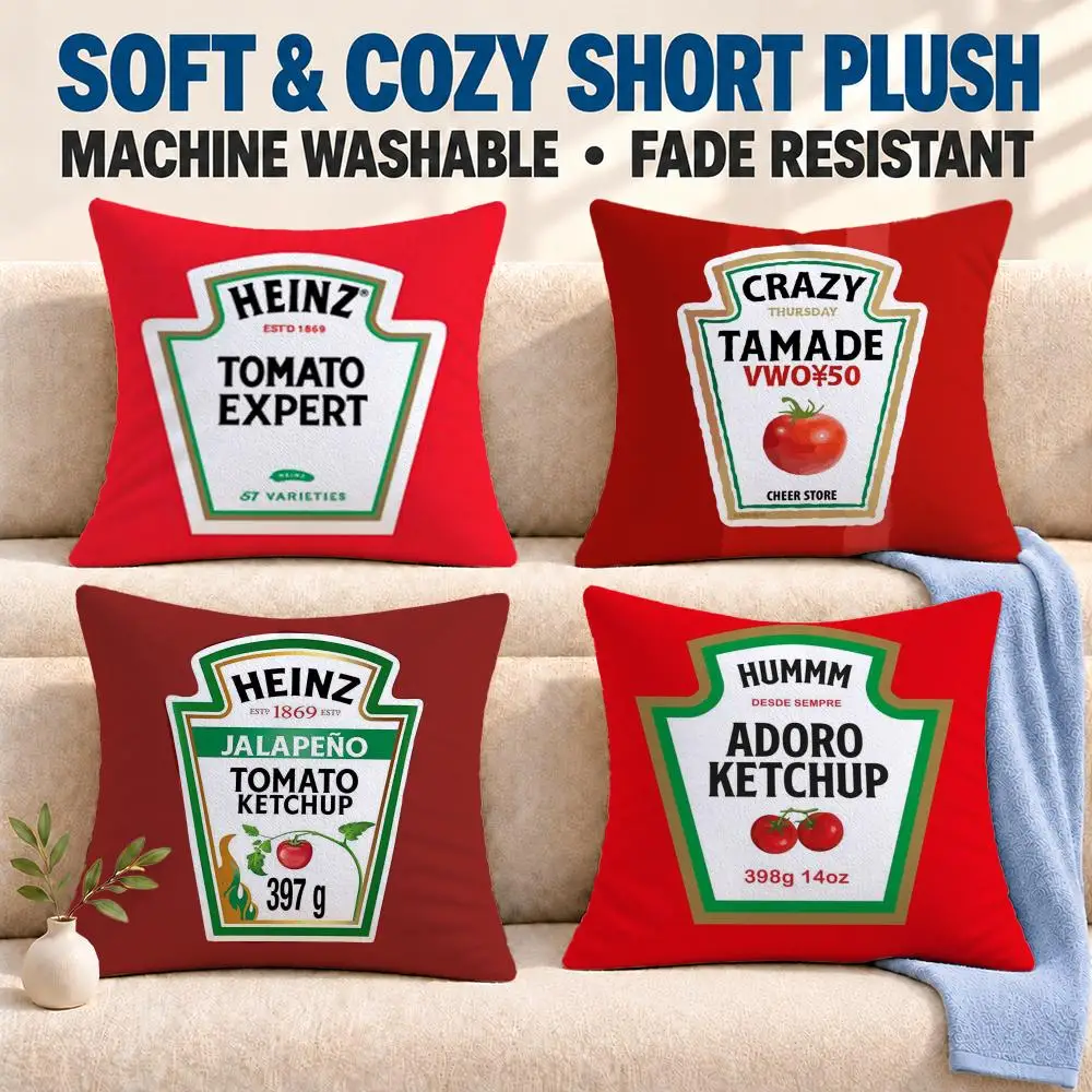 art Ketchup Label Cushion Cover Soft Washable Pillowcase Cushion Cover for Sofa Bed Car Travel Office Home Decor