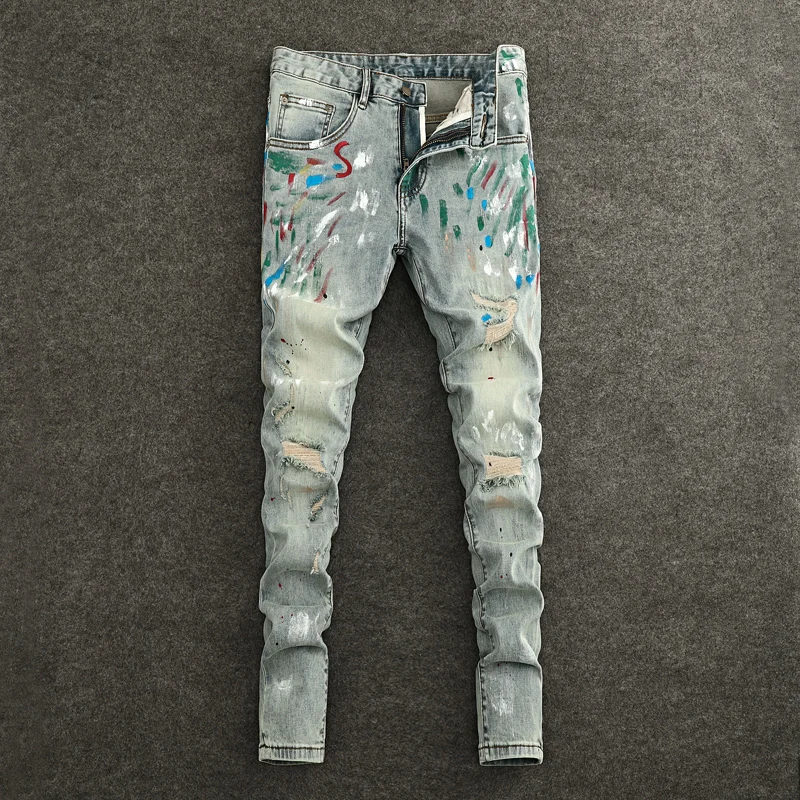 Fashionable new men's jeans washed with nostalgia retro light gray blue men's denim designer boutique pants y2k