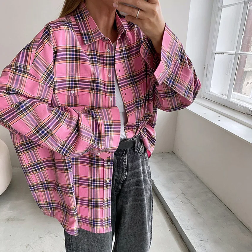 Pink Plaid Shirts Tops Women Gingham Casual Long Sleeve Single-Breasted Oversize Shirts for Women 2024 Fall Autumn Blouse Cloth