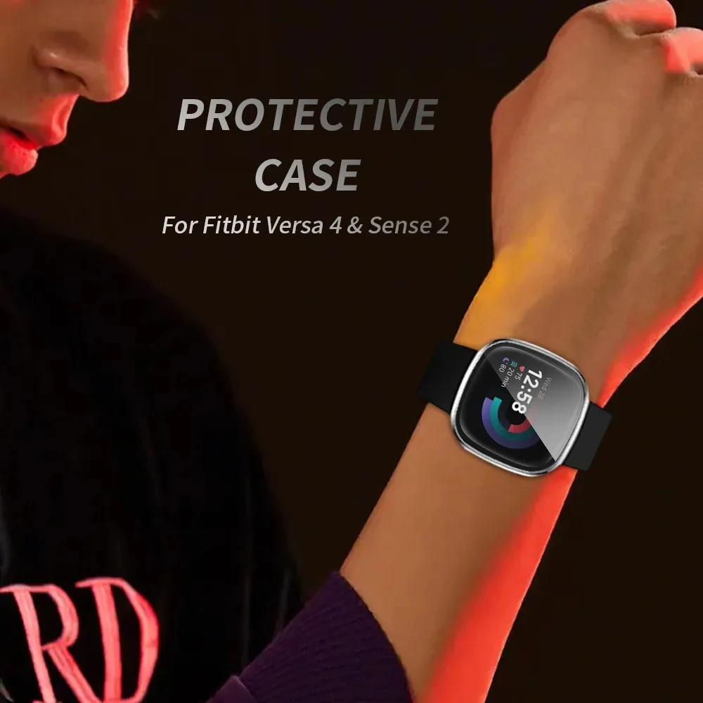 Glass+Case for Fitbit Versa Versa 4 Watch Protective Bumper Hard PC Shell HD Screen Protector for Fitbit Sense 2 Watch Cover