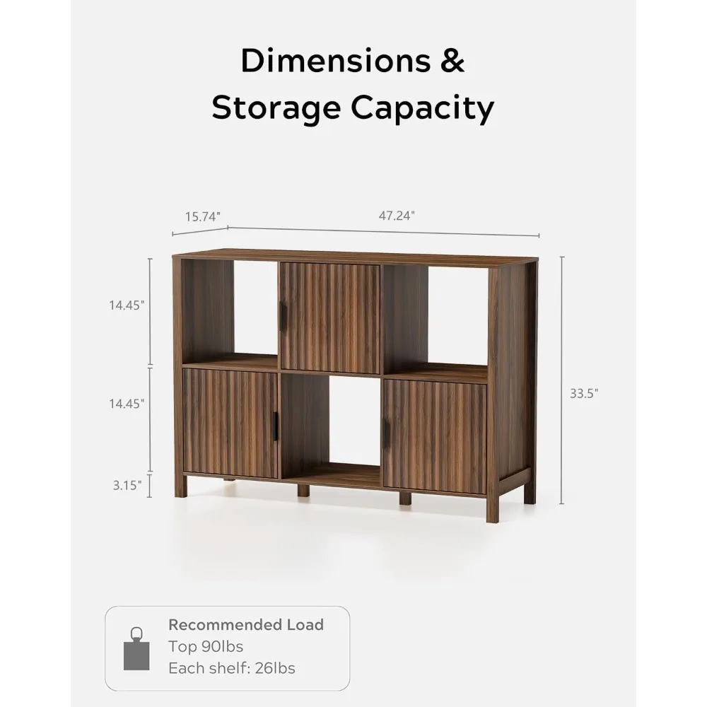 Modern Cube-Style Bookshelf with 3 Open Shelves and 3 Doored Cabinets for Home Storage