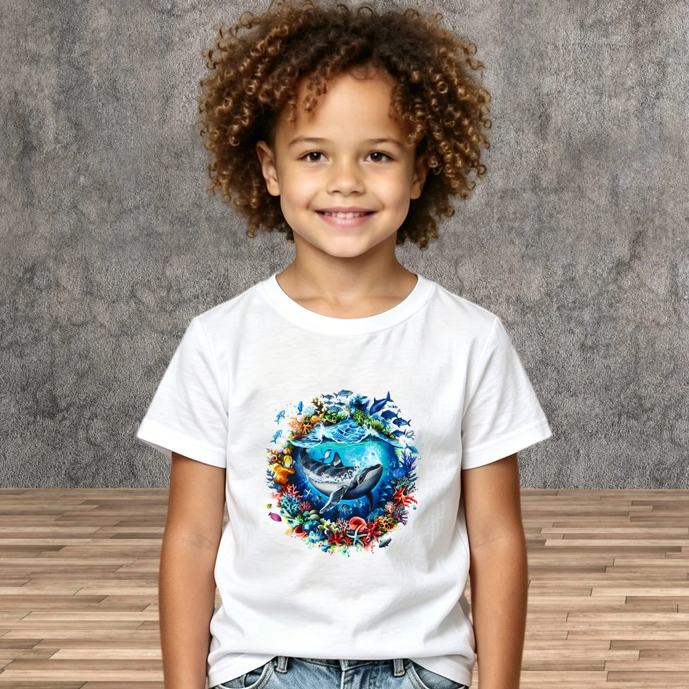 Kids Sea Creature Print T-Shirt Summer Boys Girls Whale Graphic Short Sleeve Tees Underwater Ocean Life Shirts