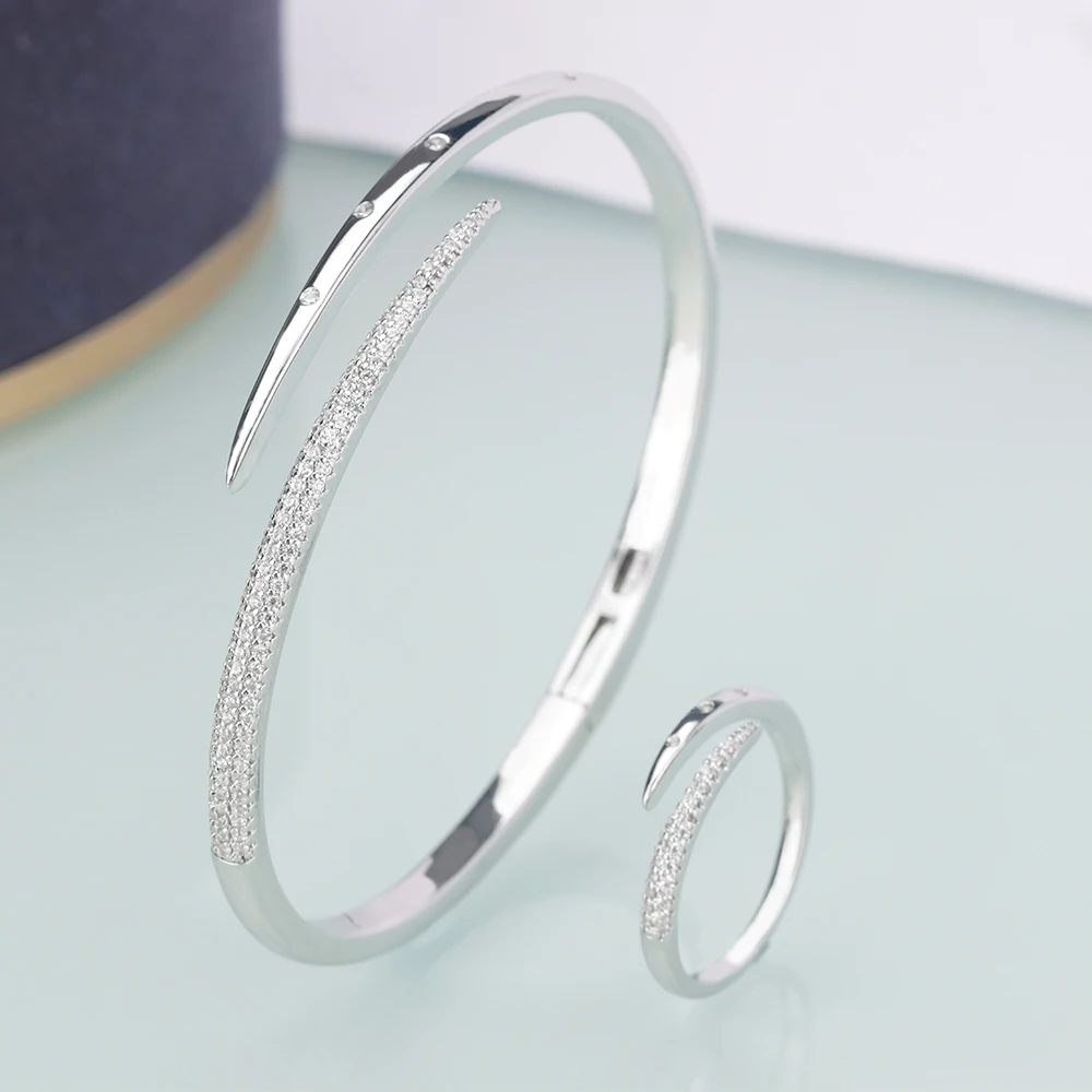 New Style Luxury 2 PCS Jewelry Set For Wedding Cubic Zirconia Resizable Bangle & Ring Sets High Quality Birthday Gift