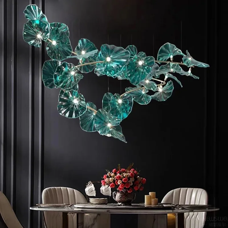 

American Luxury Blue Glass Shade Pendant Lamp Premium Dimmable Ceilings Lustre for Hotel Lobby Mall