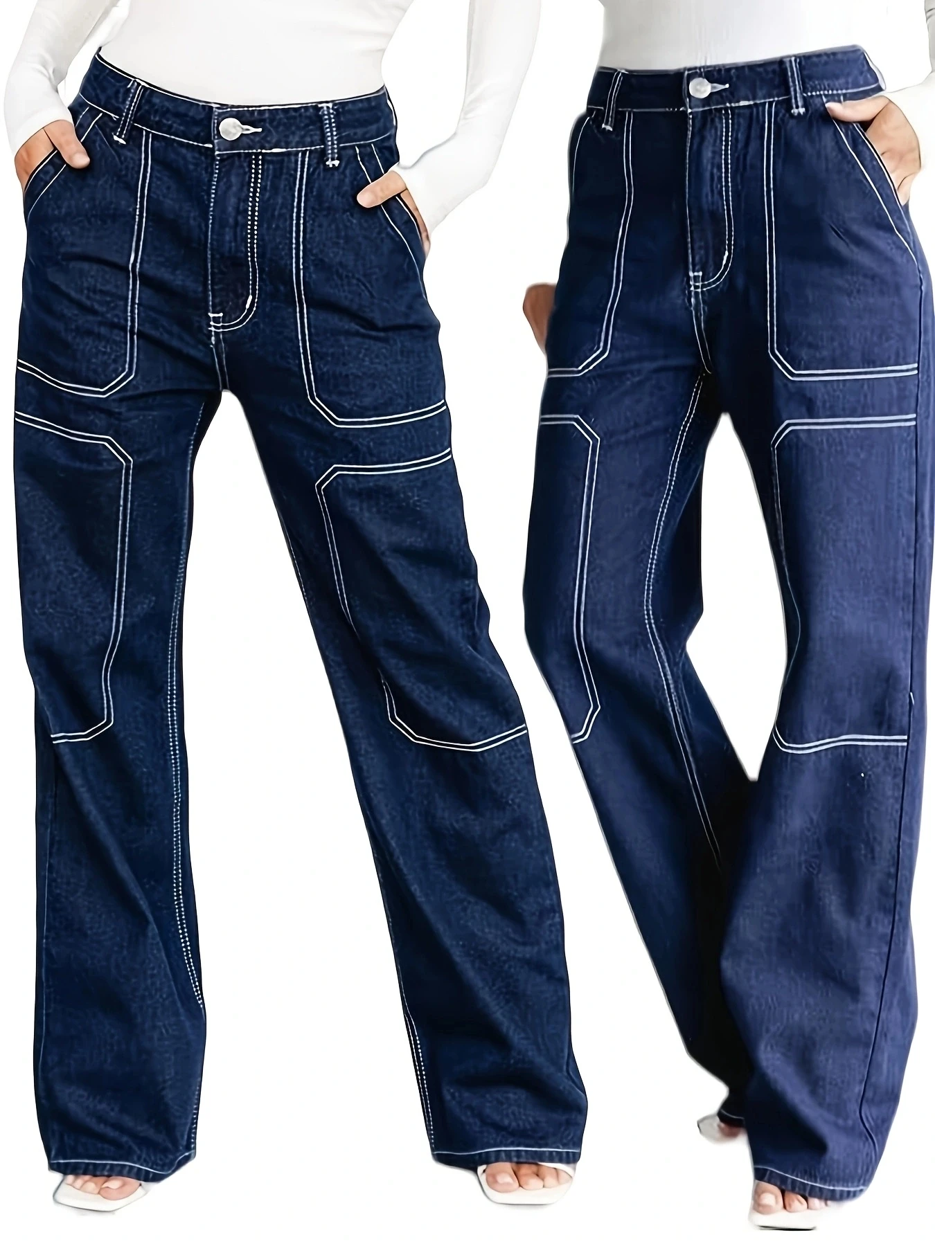 

Women's non elastic casual dark blue straight leg jeans with white lines and geometric contrasting splicing design