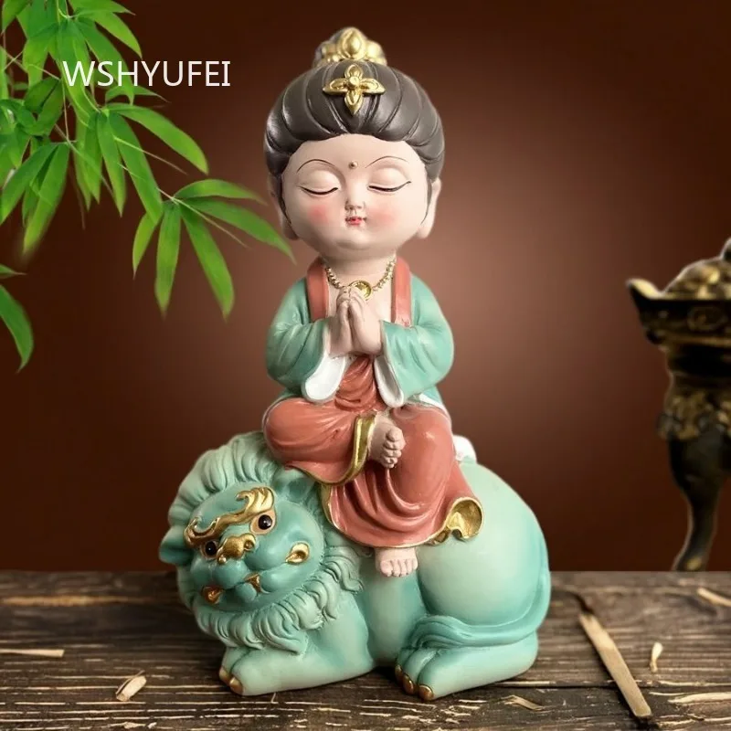 1pc Resin Manjushri Samantabhadra Statue Cute Buddha Figurine Oriental Religious Craft Tea Table Display Shelf Interior Decor