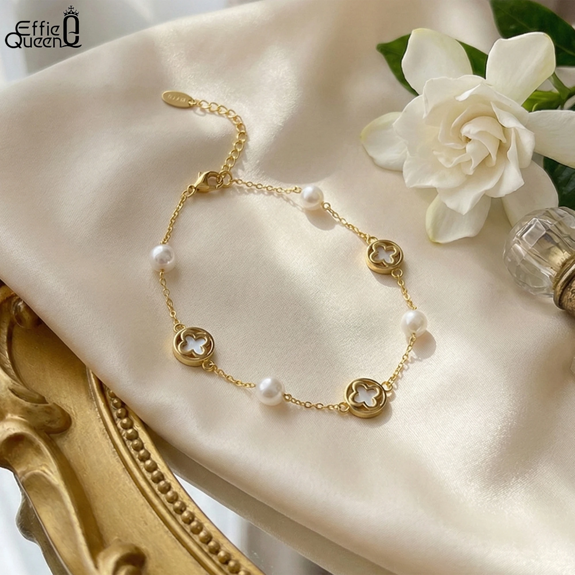 

EFFIE QUEEN 100% серебро S925, 14-каратное золото, браслет-цепочка с четырехлистным клевером, ювелирные изделия на удачу для женщин, подарок на свадьбу, вечеринку, банкет, GMB70