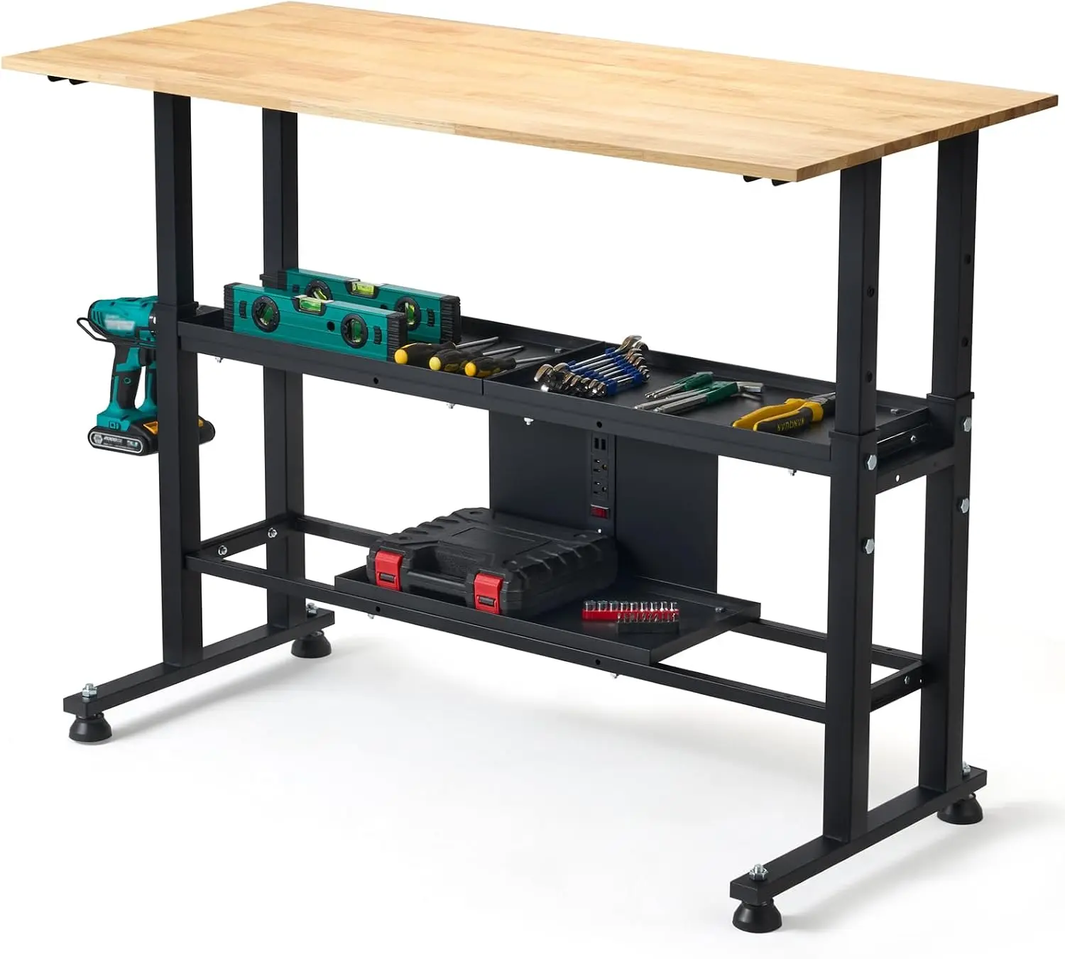 Adjustable Workbench 48 Inch Power Outlet Storage Heavy Duty 2000 Lbs Load Capacity Rubber Wood Top Non Slip Foot Pad Workshop O