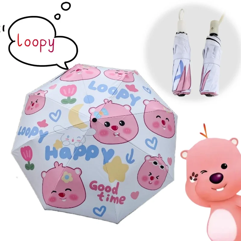 Parapluie Pieghevole Automatico Loopy Con Parasole Robusto In Gomma Nera Soleggiata E Piovosa Ad Alto Aspetto E Ombrellone Anti-Ultravioletto-image
