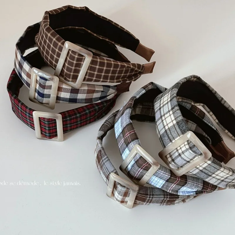 

American Retro Coffee Plaid Headband Women Wide Edge Square Buckle College Style Hair Accessory